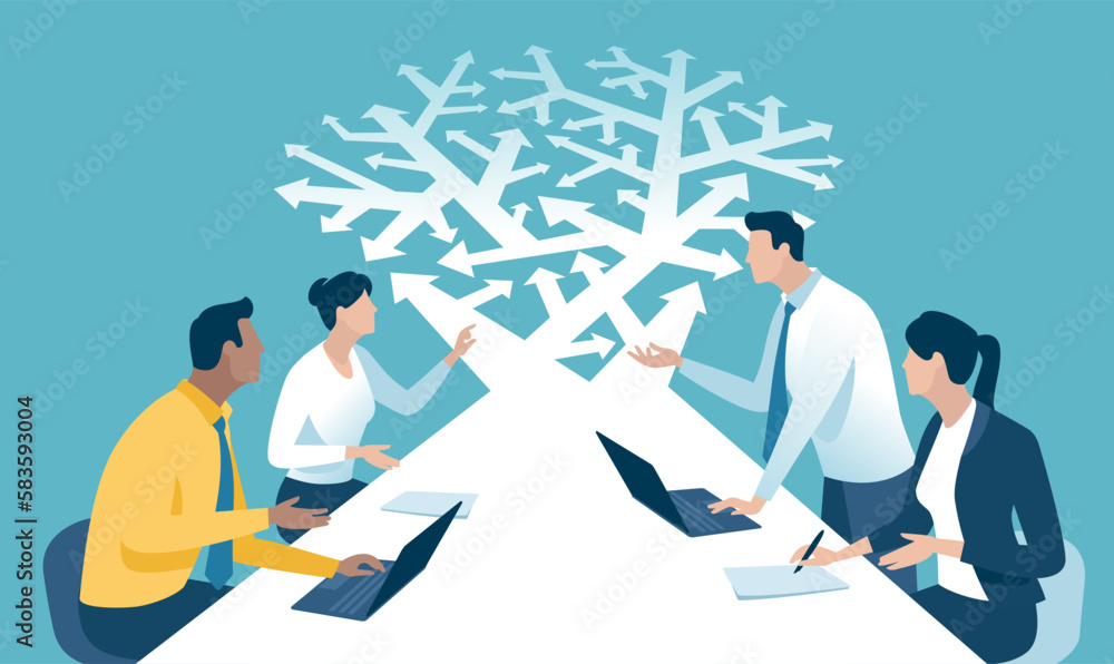 Decision. Option. Selection of a direction. A business team looks at arrows pointing to many directions. Concept business vector illustration
Decision. Option. Selection of a direction. A business team looks at arrows pointing to many directions. Concept business vector illustration