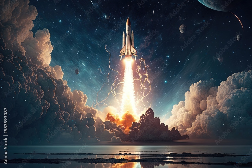 Naklejka premium Billowing clouds of smoke and fire propel rocket launching into space, generated by AI.