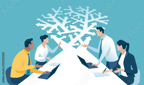 Decision. Option. Selection of a direction. A business team looks at arrows pointing to many directions. Concept business vector illustration
