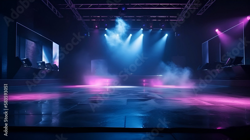 The dark stage shows with smoke  purple  and pink background  neon light  and spotlights  The asphalt floor and studio room with smoke float up the interior texture for display products