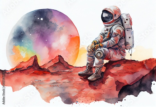 Watercolor Illustration of a Astronaut Tourist Colonizer On Other Planet. Generative AI photo