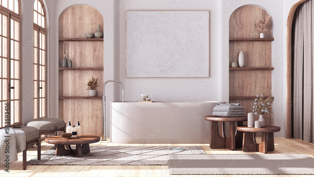 Bleached wooden bathroom in boho style with arched door and windows, parquet floor. Freestanding bathtub, carpets and tables in white and beige tones. Modern interior design Bleached wooden bathroom in boho style with arched door and windows, parquet floor. Freestanding bathtub, carpets and tables in white and beige tones. Modern interior design