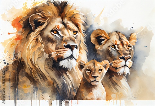 Watercolor Illustration of a Close Up Of A Lion Family. Generative AI