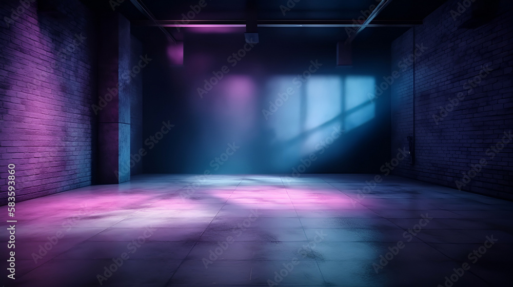 The dark stage shows with smoke, purple, and pink background, neon light, and spotlights, The asphalt floor and studio room with smoke float up the interior texture for display products