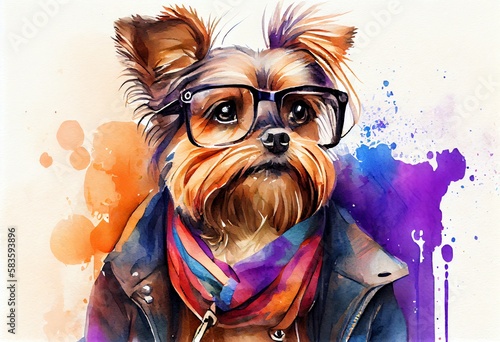 Watercolor Illustration of a Cute Dog As A Fashion Stylist On Colored Background, Concept Of Fashionable Pet And Colorful Design,. Generative AI