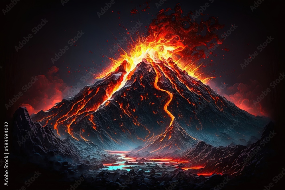Against a darkened sky, a volcano erupts in a violent display of nature ...