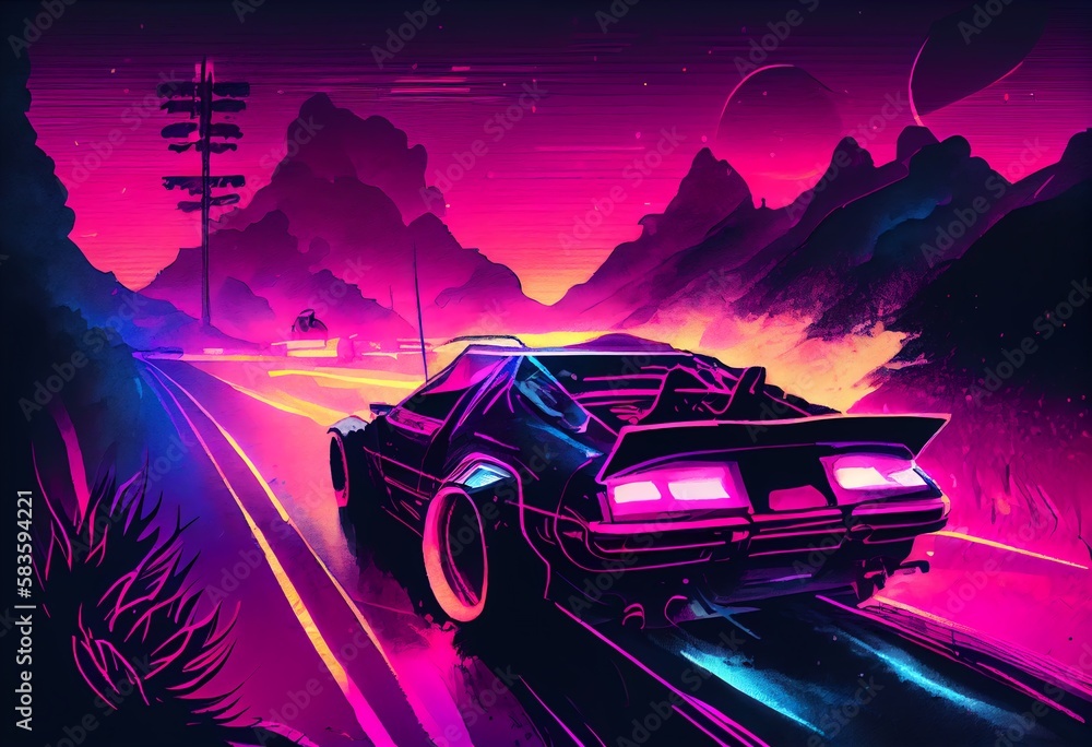 Watercolor Illustration of a Driving In The Night, Futuristic SynthWave Car In Purple Neon Colours. Generative AI