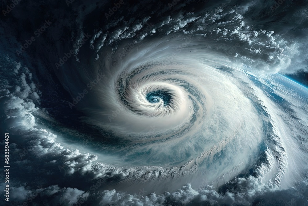 An incredible view of a hurricane from space, with swirling bands of clouds and a prominent eye at the center of the storm. Generated by AI An incredible view of a hurricane from space, with swirling bands of clouds and a prominent eye at the center of the storm. Generated by AI