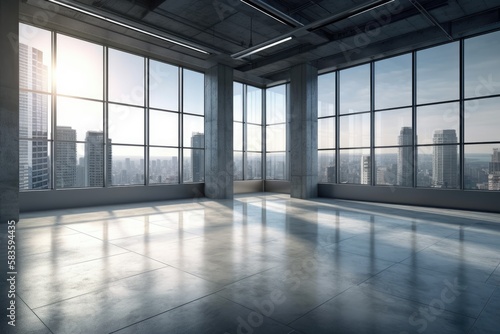 Modern office interior that is unfurnished and has a magnificent city view. Generative AI