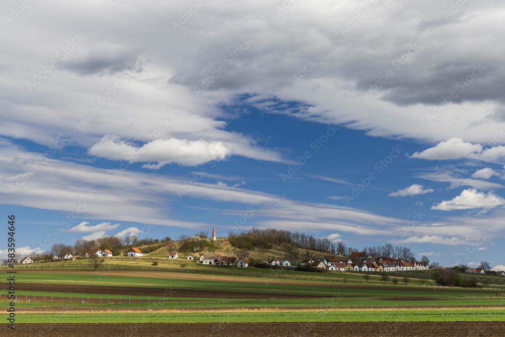 Obraz premium Traditional wine cellars with vineyard in Galgenberg near Wildendurnbach, Lower Austria, Austria