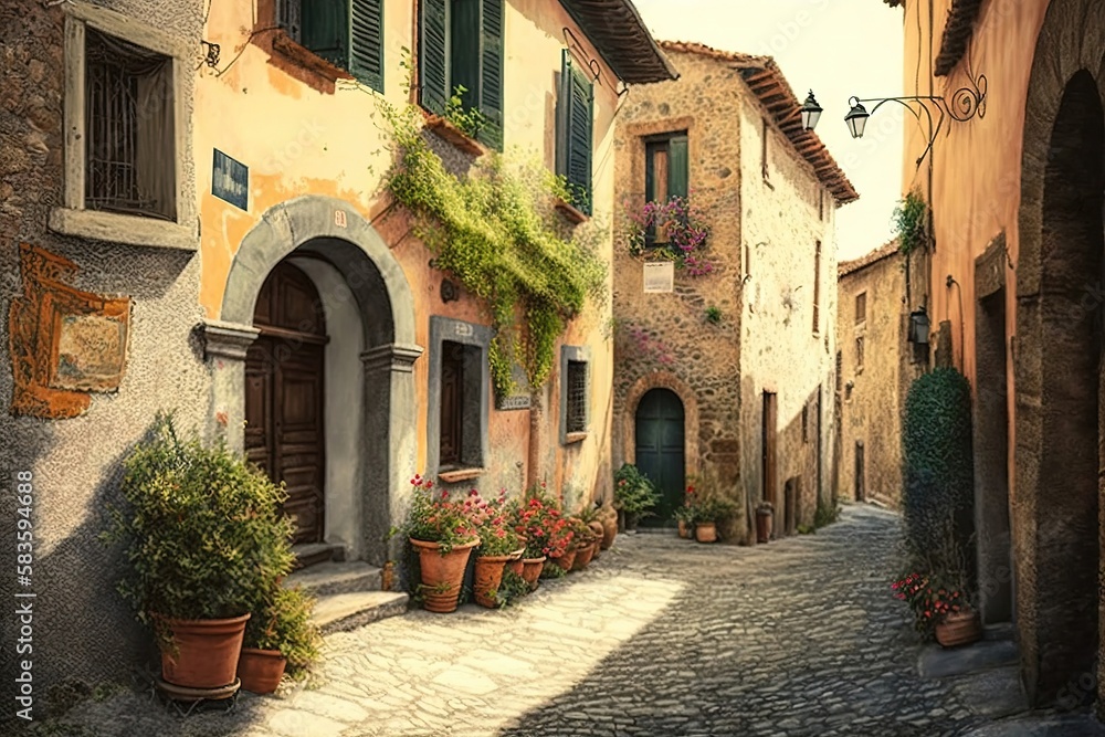 A narrow street in a rustic Italian village, with old stone buildings and flower-filled balconies. Generated by AI