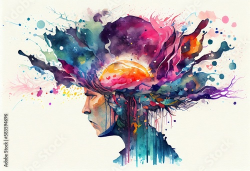 Watercolor Illustration of a Illustration Of Annual Collective Mind Concept Art  Exploding Mind  Inner World  Dreams  Emotions  Imagination And Creative Mind. Generative AI