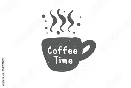 Cafe time hand drawn illustration.Coffee cup silhouette with steam spires.Hand drawn coffee cup.Vector illustration isolated on white background. Grunge style black lettering with ink drops. 
