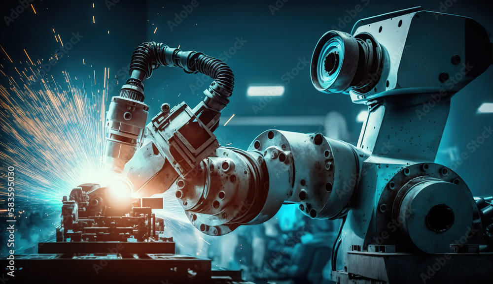 Robot gripping working on smart factory, on machine blue tone color background, industry 4.0 and technology
