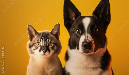 Portrait of a cat and dog in front of bright yellow background  Generative Ai