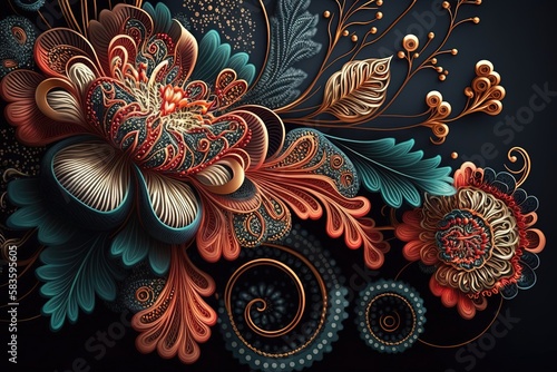 Abstract flowers depicted in a variety of colors against a black background, creating a striking and dynamic visual contrast. Generative AI