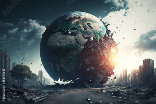 Illustration of planet earth destroyed at the end times. Generative AI.