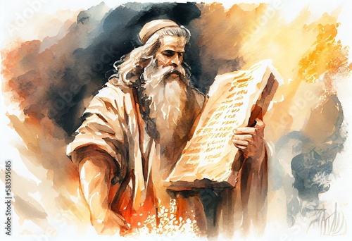 Watercolor Illustration of a Prophet Moses With Stone Tablet Painting. Generative AI photo