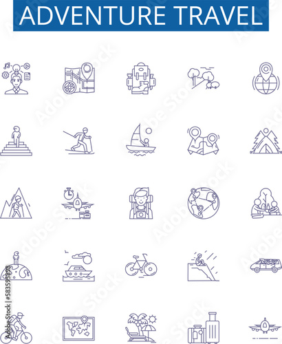 Adventure travel line icons signs set. Design collection of Hiking, Trekking, Canoeing, Camping, Skiing, Kayaking, Rafting, Climbing outline concept vector illustrations