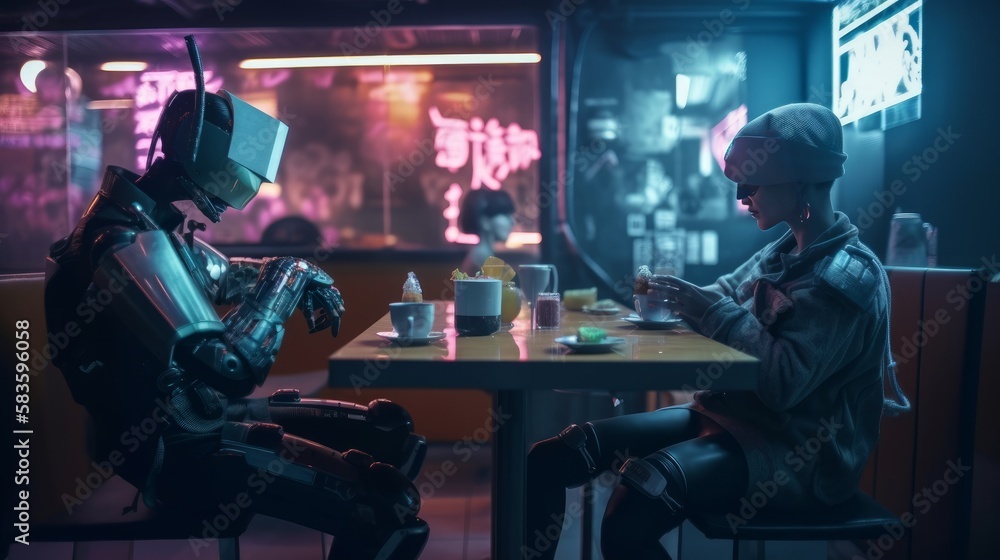 Cyborg woman sitting at the table in a dark room. Cyberpunk style. Generative AI