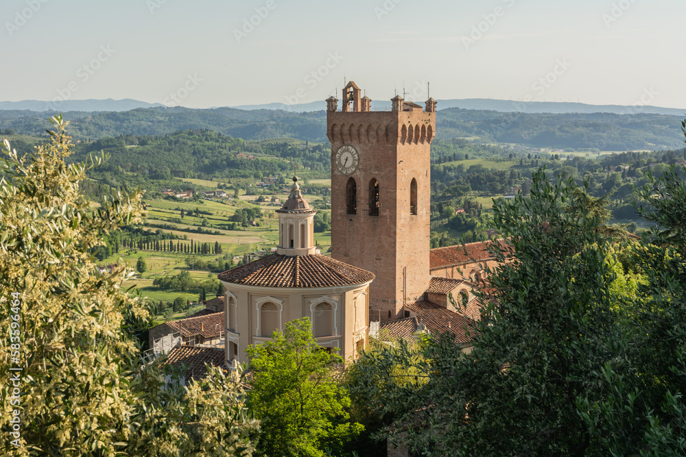 San Miniato town panoramic view, bell tower of the Duomo cathedral and countryside. Pisa, Tuscany Italy Europe
