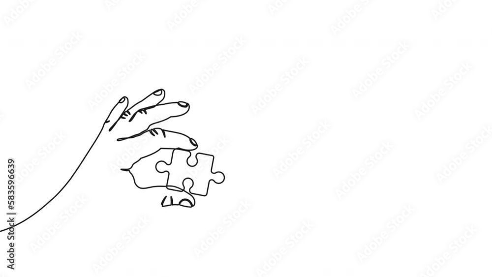 Two hands holding jigsaw puzzle pieces to put them together, drawing with one continuous line. One line teamwork or collaboration concept with jigsaw puzzle. 4K video animation with alpha channel. Two hands holding jigsaw puzzle pieces to put them together, drawing with one continuous line. One line teamwork or collaboration concept with jigsaw puzzle. 4K video animation with alpha channel.