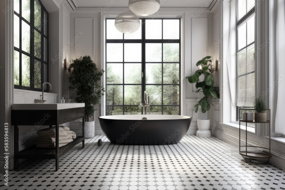 Idea for a luxurious bathroom interior. a wide window, a white bathtub, and a black and white tiled floor. a soap filled chair close up a mockup. Generative AI