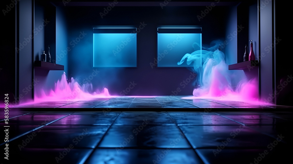 The asphalt floor and studio room with blue and pink smoke float up the interior texture for display products
