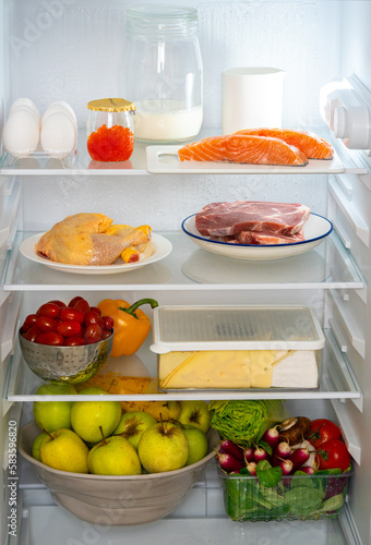 Refrigerator with healthy food. Refrigerator with meat, fish, chicken, red caviar, steaks, vegetables, fruits, eggs. Fridge full of healthy food only. Diet with protein. Refrigerator with protein diet