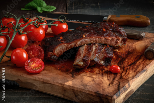 Hot grilled spare ribs with barbecue sauce on cutting board and black background. AI generative