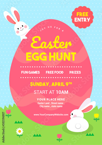 Easter egg hunt poster vector illustration. Easter egg with cute bunny on polka dot pattern background.