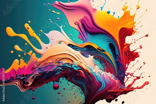 A vibrant and energetic composition is created through the use of colorful paint splashes and splatters  resulting in a visually striking and captivating image. AI.
