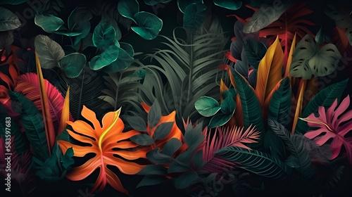 surreal moody frame with vivid tropical plants.
