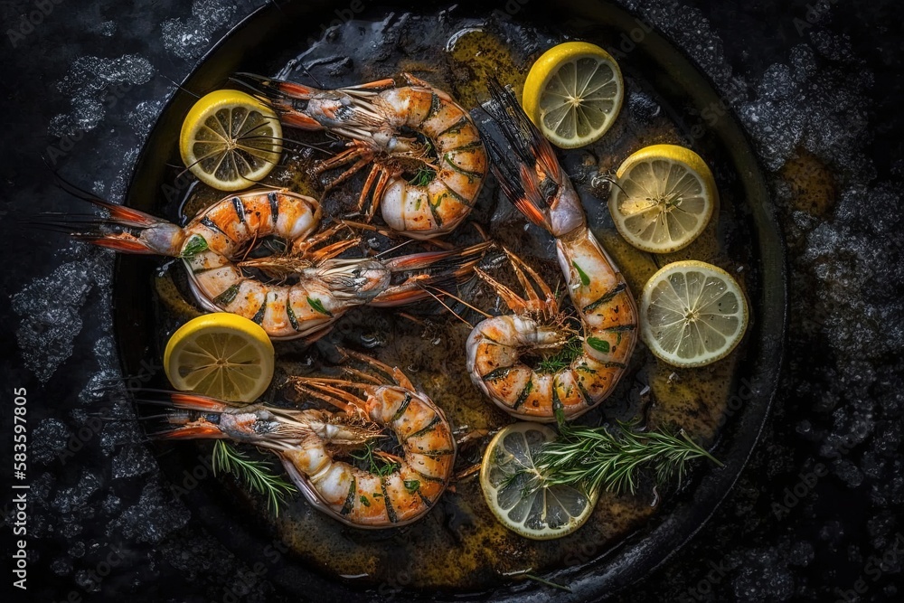 A skillet with sizzling shrimp and sliced lemon, creating a visually enticing and appetizing image Generative AI A skillet with sizzling shrimp and sliced lemon, creating a visually enticing and appetizing image Generative AI