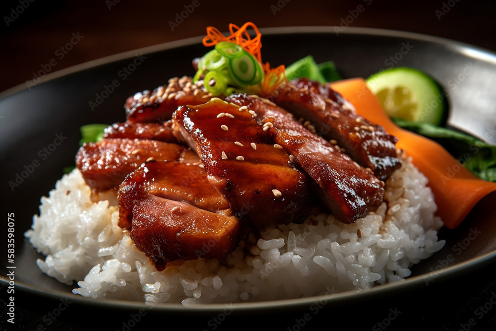 Delicious filipino pork tocino on rice with vegetables. Generative Ai Delicious filipino pork tocino on rice with vegetables. Generative Ai