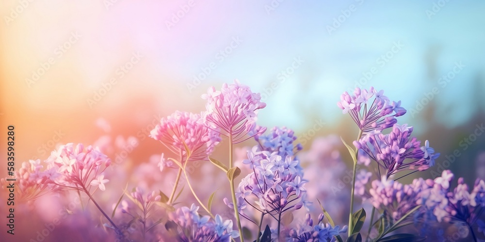 Fototapeta premium Beautiful spring flowers against a blurry blue sky, magical mood, nature outdoors on a beautiful spring morning. Spring.