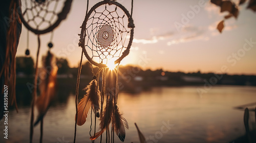 Beautiful handmade dream catcher at sunset. Generative Ai