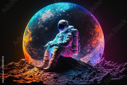 A neon-colored astronaut seated on the surface of the moon, with the stars and planets visible in the background. Generative AI