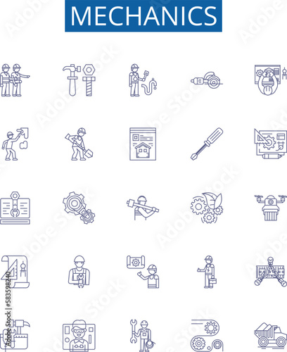 Mechanics line icons signs set. Design collection of Automotive, Physics, Engineering, Repair, Technician, Force, Friction, Torque outline concept vector illustrations