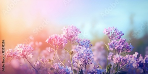 Beautiful spring flowers against a blurry blue sky  magical mood  nature outdoors on a beautiful spring morning. Spring.