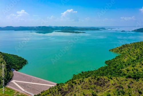 Aerial view of blue dam water
