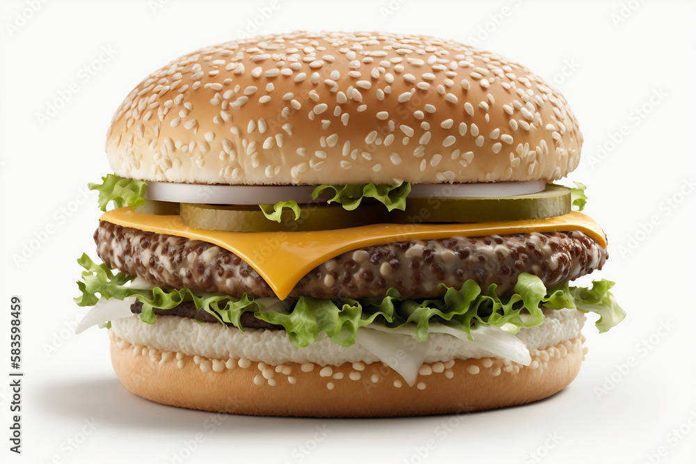 Classic cheeseburger with beef patty, pickles, cheese, tomato, onion, lettuce, and ketchup mustard isolated on background Classic cheeseburger with beef patty, pickles, cheese, tomato, onion, lettuce, and ketchup mustard isolated on background