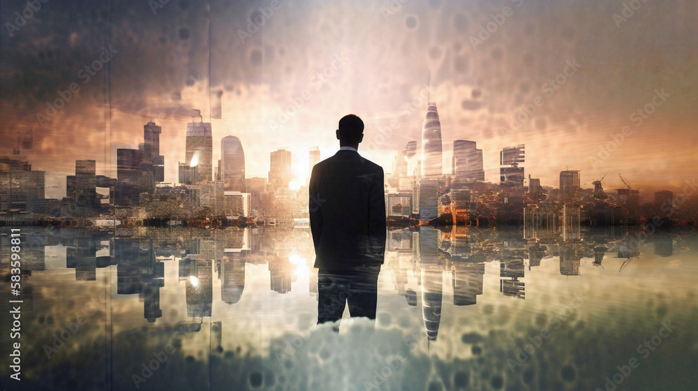 The double exposure image of the business man standing in front of technology city (ai generated) The double exposure image of the business man standing in front of technology city (ai generated)