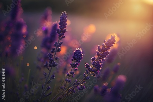 A field filled with rows of lavender plants in full bloom, with their fragrant purple flowers swaying gently in the breeze, AI.