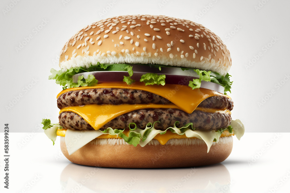 Classic cheeseburger with beef patty, pickles, cheese, tomato, onion, lettuce, and ketchup mustard isolated on background Classic cheeseburger with beef patty, pickles, cheese, tomato, onion, lettuce, and ketchup mustard isolated on background