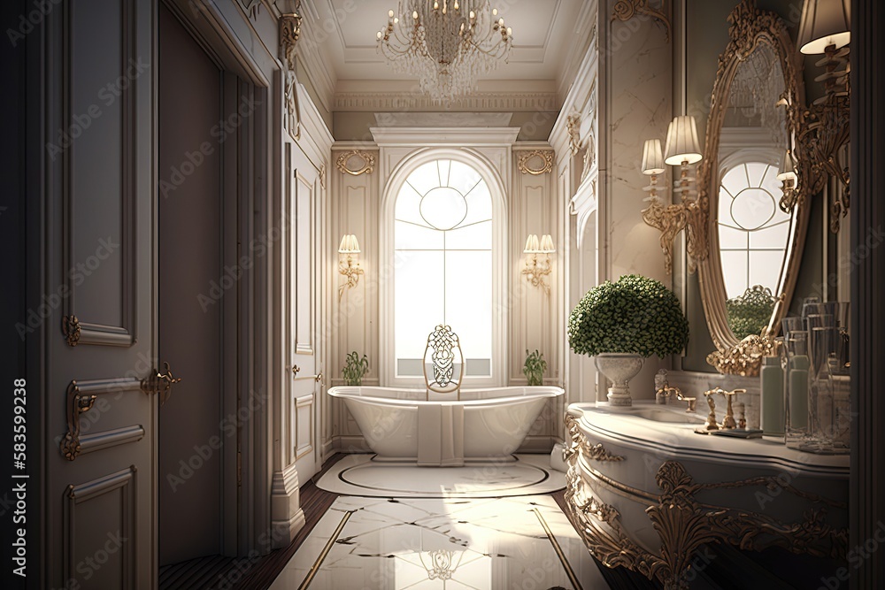 The interior of a luxurious bathroom. The decor is opulent, with elegant marble floors, countertops, and bathtub. Generative AI