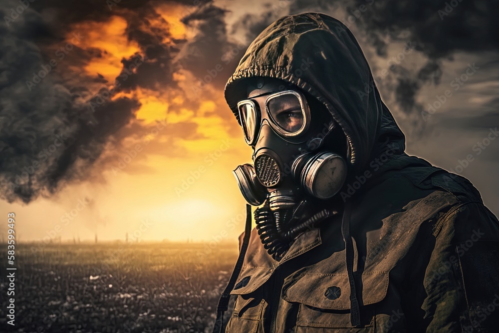 A person wearing a respirator on a burning field, either as a firefighter or someone involved in firefighting efforts. Generative AI A person wearing a respirator on a burning field, either as a firefighter or someone involved in firefighting efforts. Generative AI