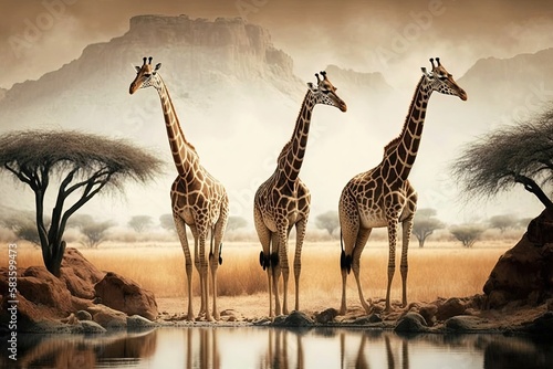 Majestic giraffes gathered around a watering hole, standing gracefully as they drink from the water. Generative AI