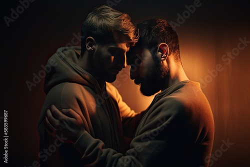 Male Gay LGBTQ Couple Hug Each Other Lovingly