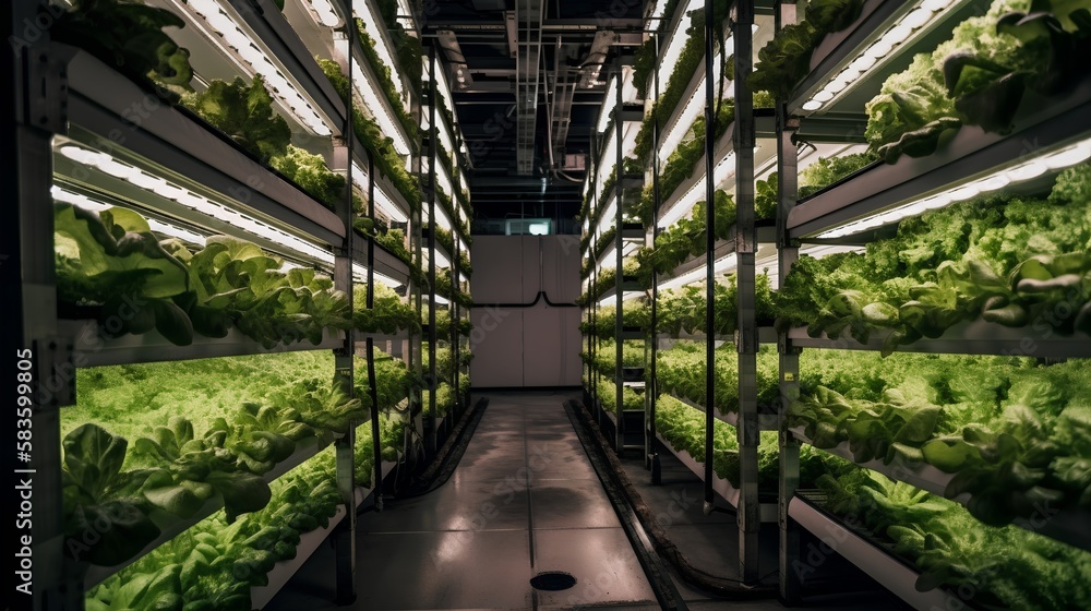 View of Innovative vertical farm with LED grow lights, showcasing sustainable ...